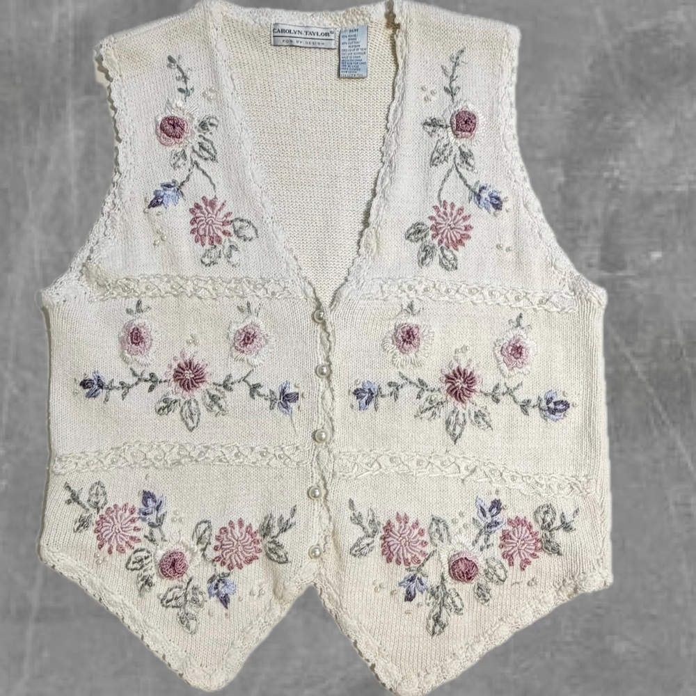 VINTAGE 90s cottage rose floral knit sweater‎ cardigan vest button front pastel